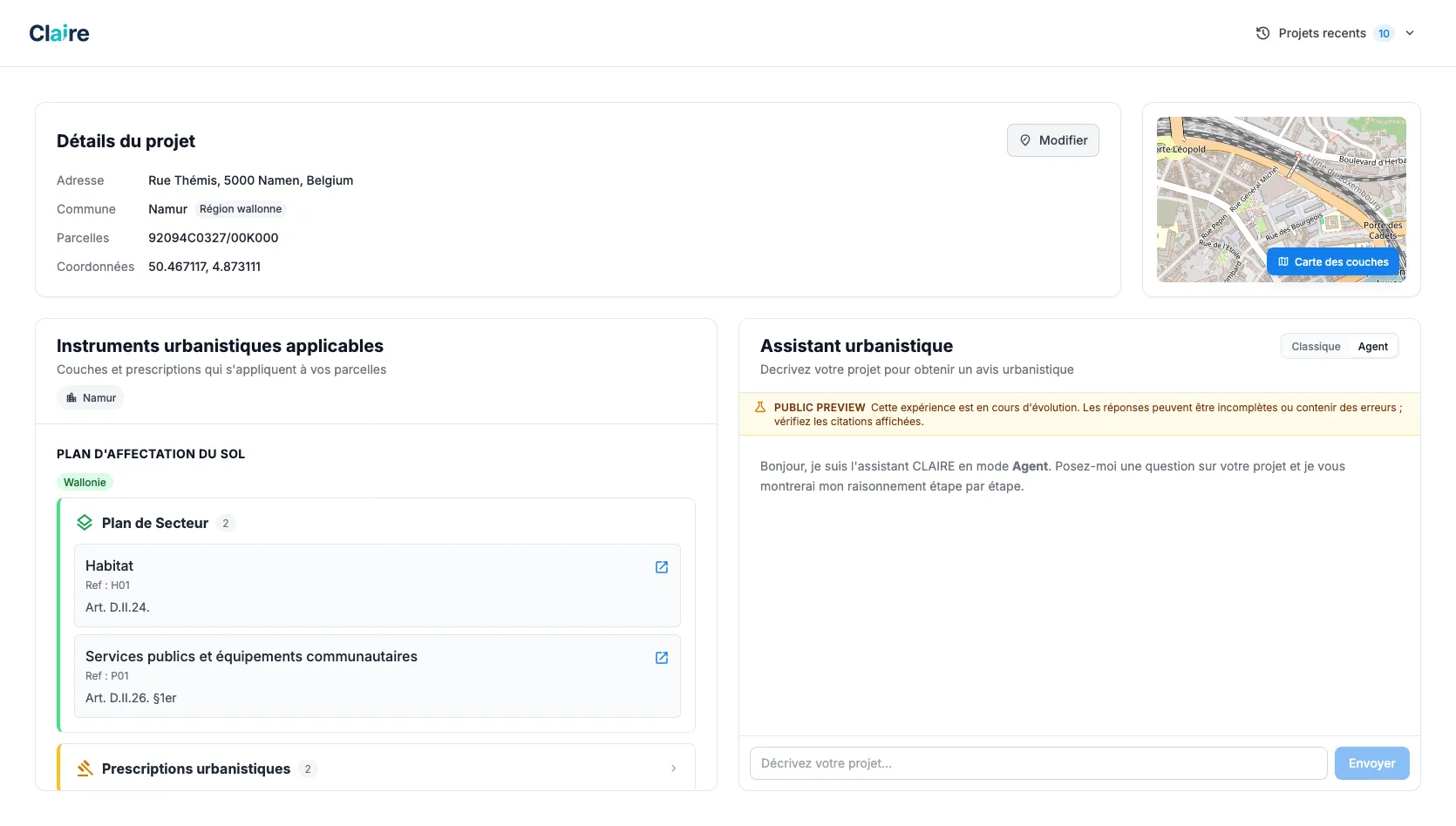 A parcel view with the applicable regulatory instruments listed on the left and the AI planning assistant on the right.