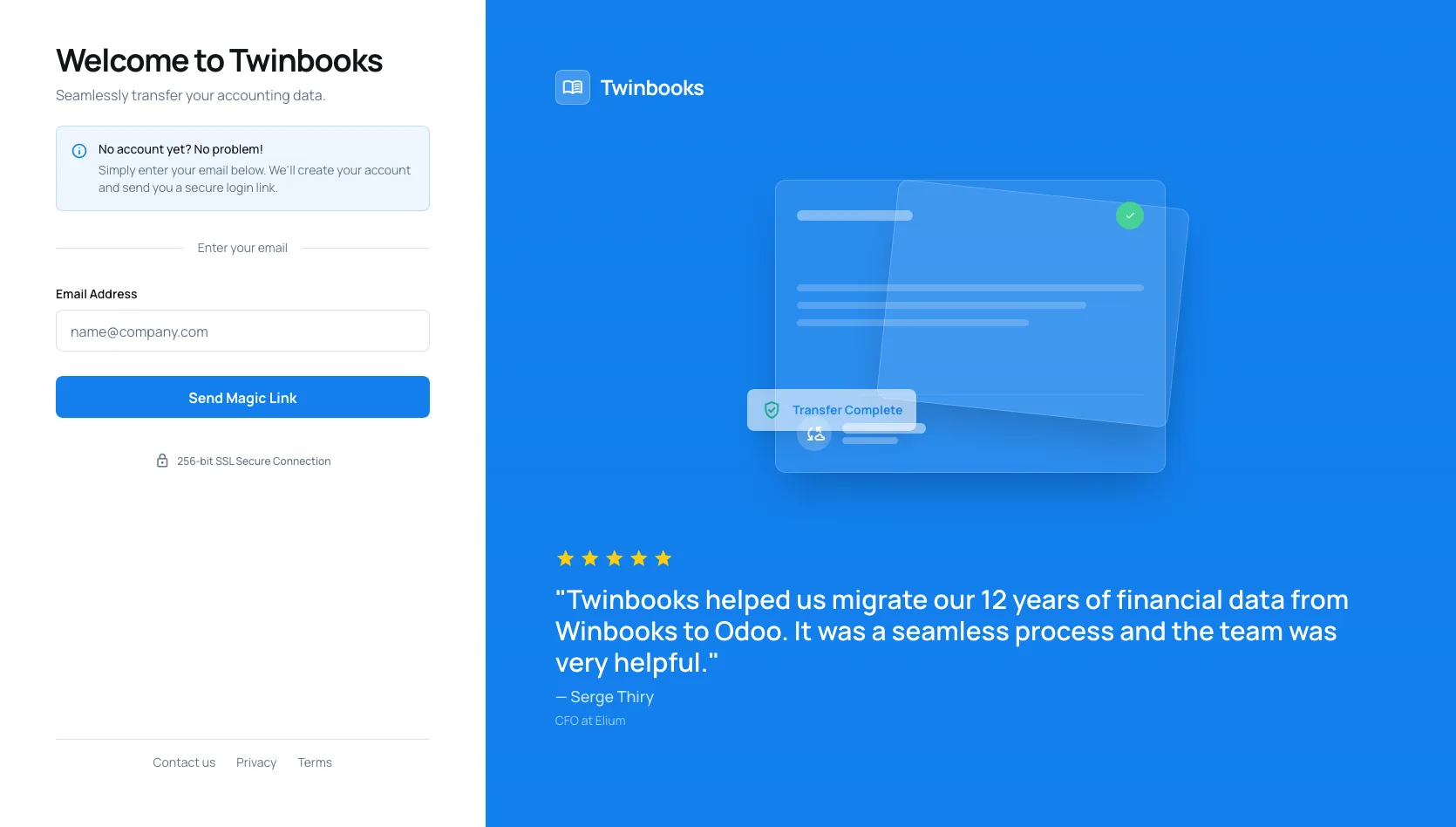 The Twinbooks login screen. Passwordless magic-link authentication on the left, a product illustration and customer testimonial on the right.