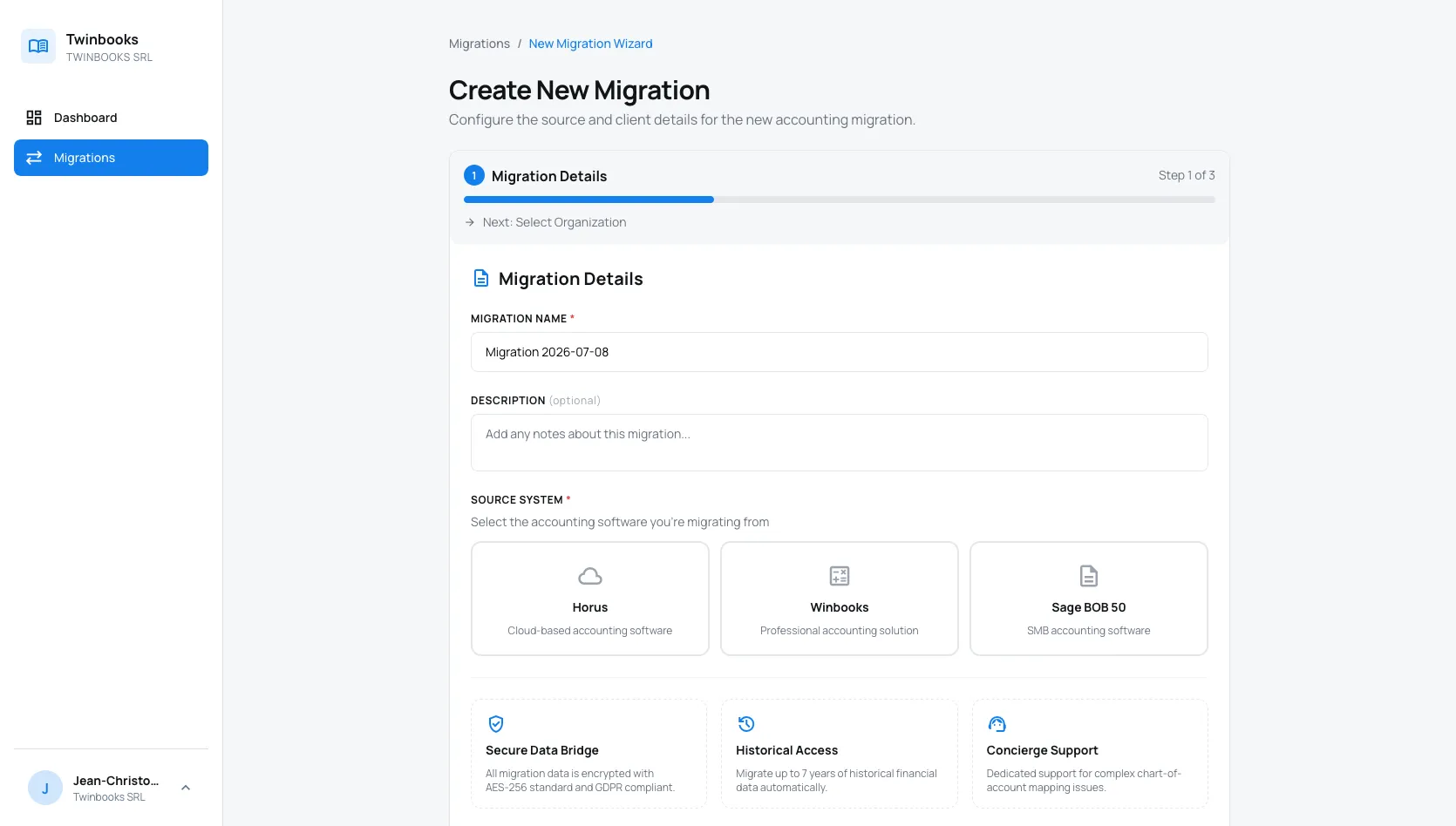 The migration creation wizard: choose a source system between Winbooks, Sage BOB 50 and Horus, then configure the migration in three steps.