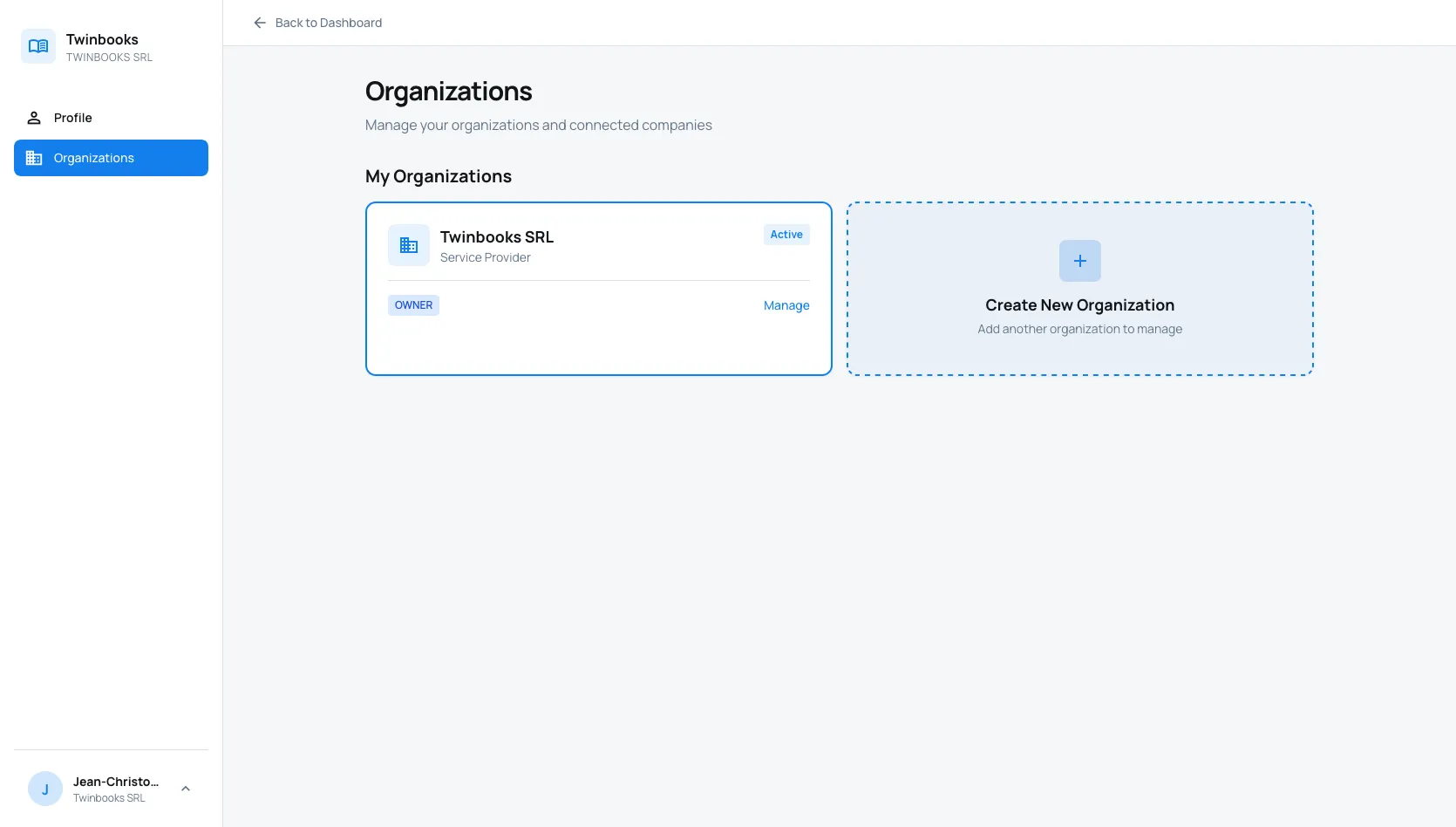 The Organizations screen showing a service-provider organization card with an owner role and a placeholder to create additional organizations.