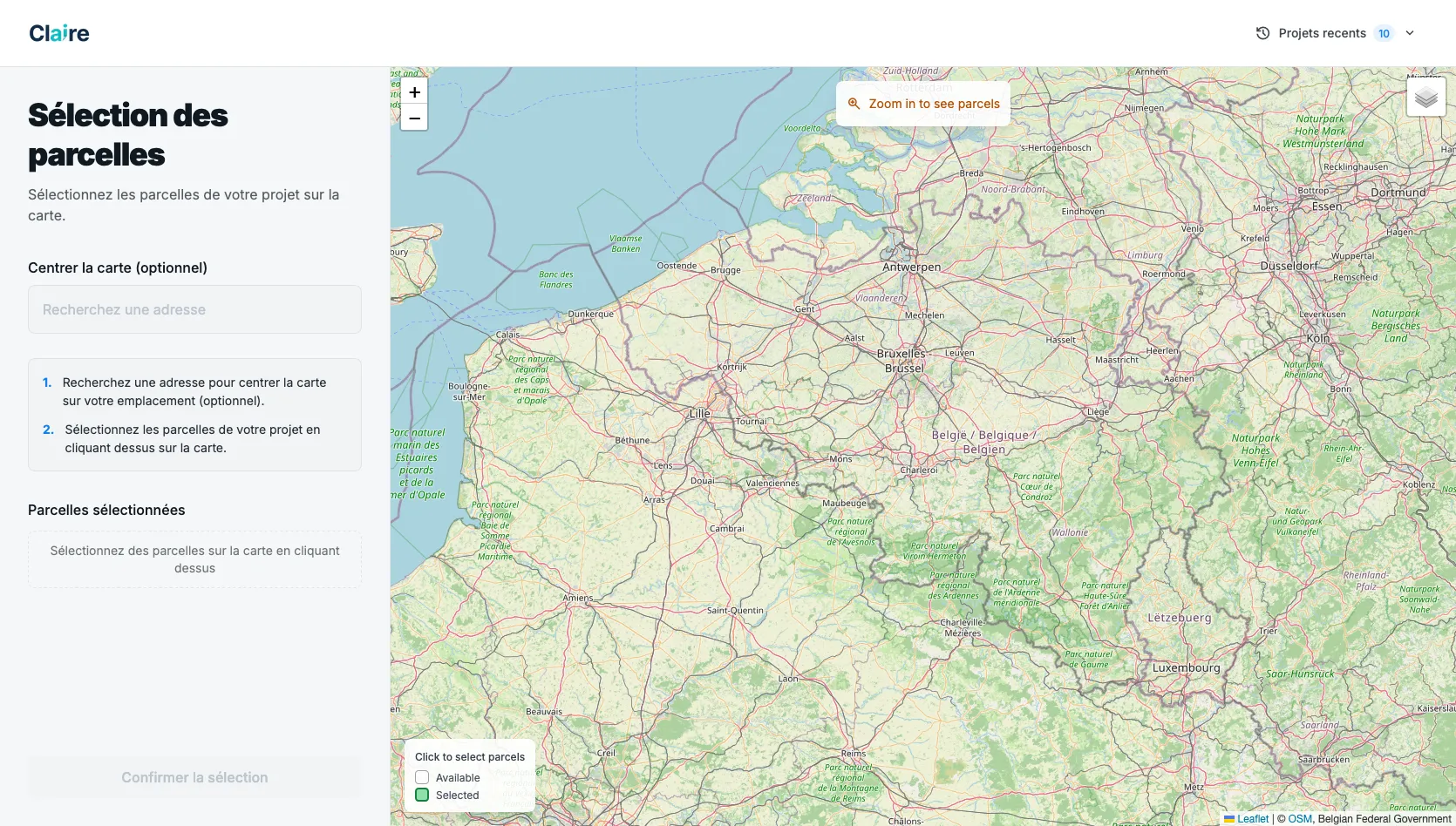 The Claire public planner: a map of Belgium where the user picks a parcel to start a project.